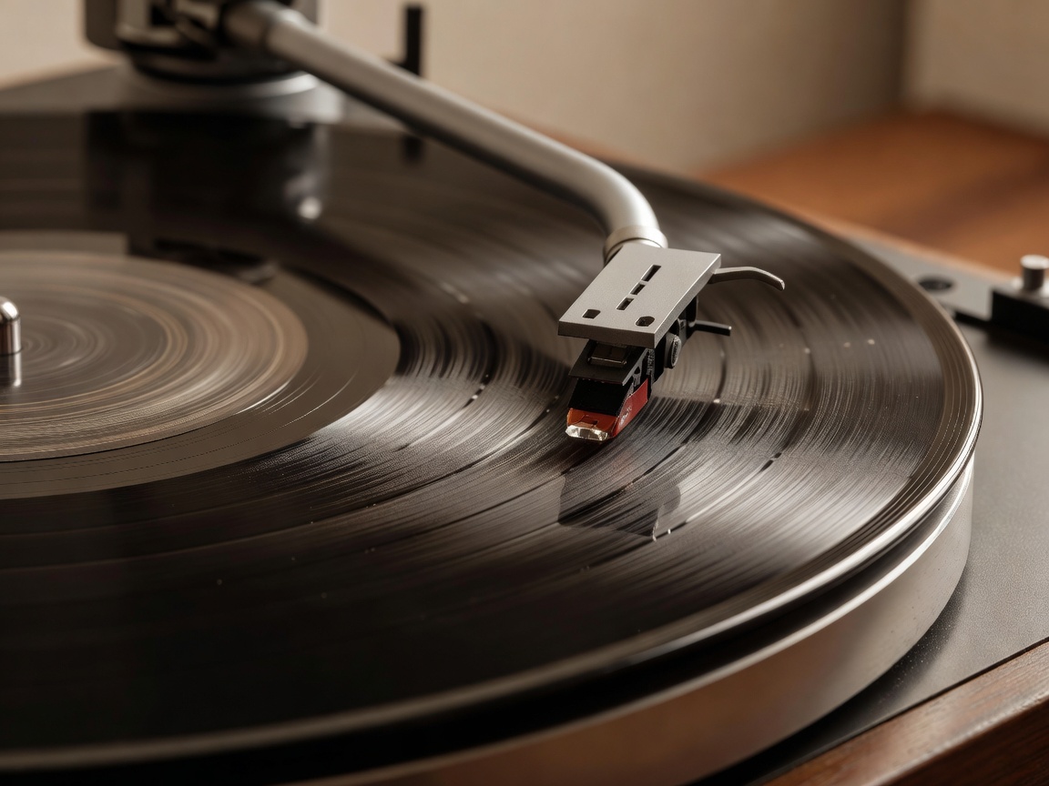 Close up of record player needle on vinyl disc in Japanese jazz kissa setting