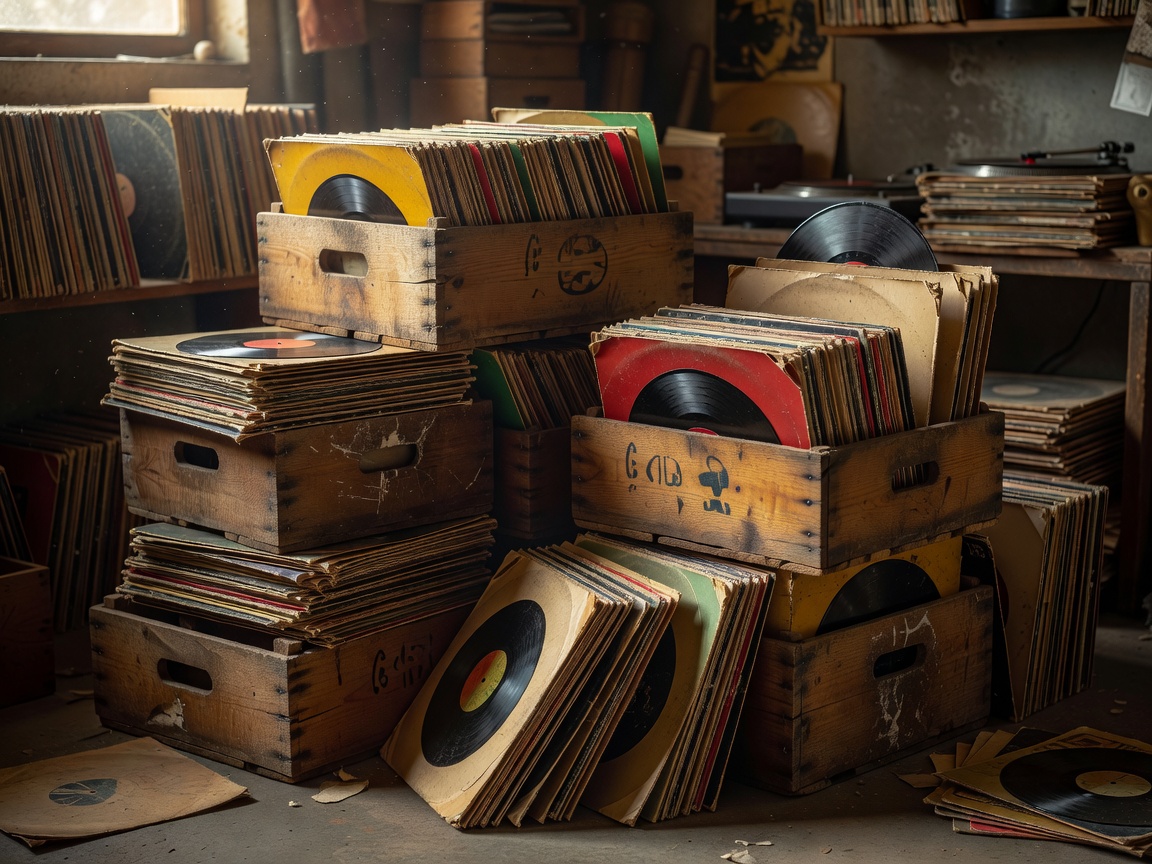Crates of vintage vinyl records