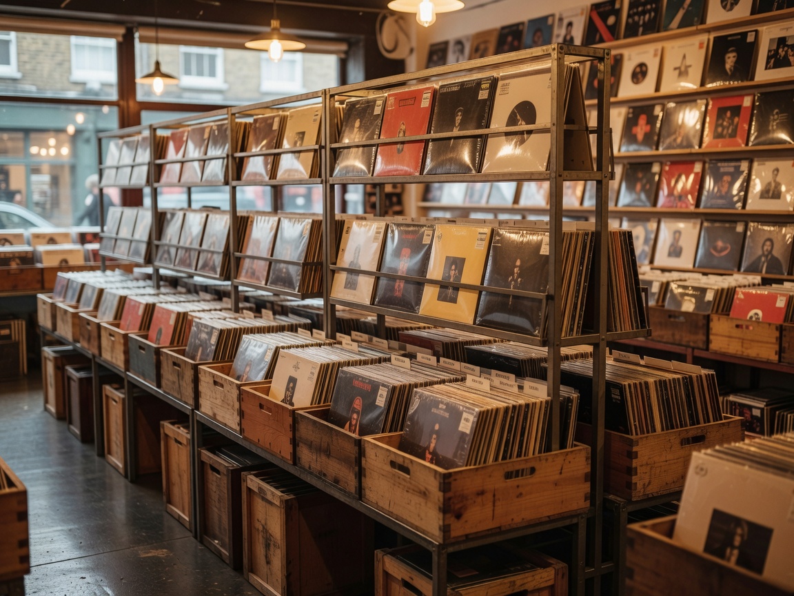 Interior view of Rough Trade East vinyl crates and display racks